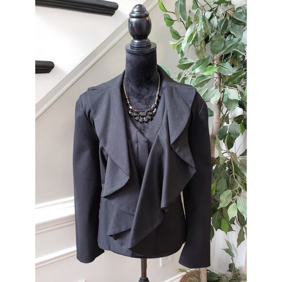 INC Black Ruffle Open Front Blazer Jacket 0X Women’s Draped Long Sleeve Stretch - Picture 2 of 12